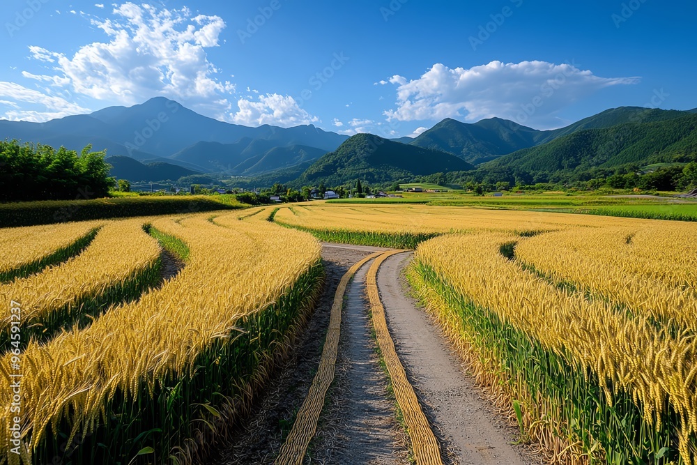 Japanese farm, wind rustling through the barley fields, golden waves move gracefully under the sun, signaling the approach of harvest time Japanese farm, wind rustling through the barley fields, golden waves move gracefully under the sun, signaling the approach of harvest time