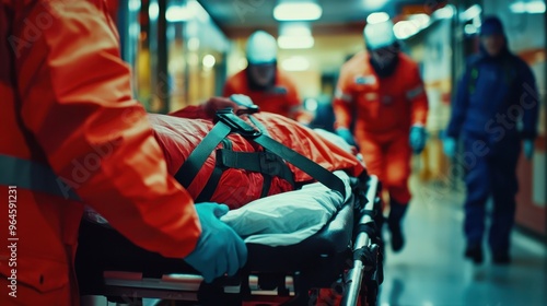 Close-up of paramedics lifting a patient onto a gurney, focus on the hands and straps, blurred busy emergency entrance in the background.