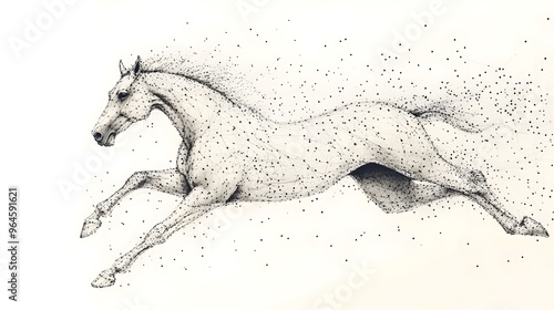 Running Horse from Lines: A dynamic image of a galloping horse, its powerful form outlined by flowing lines and clusters of dots representing its muscles.
 photo