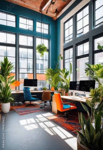 dynamic workspace featuring vibrant elements engaging arrangement enhanced creativity productivity, design, color, layout, furniture, organization, decor