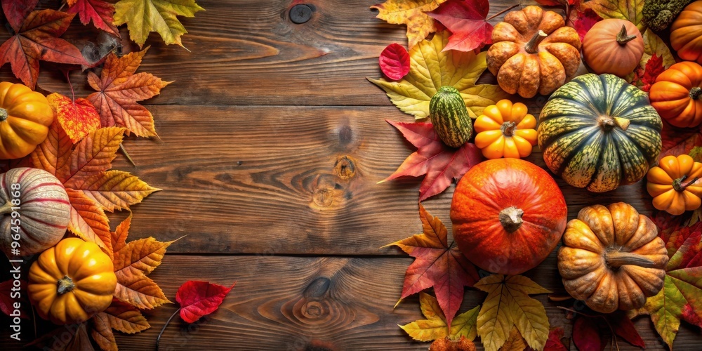 Fototapeta premium Autumnal Thanksgiving pumpkin background with colorful leaves and gourds