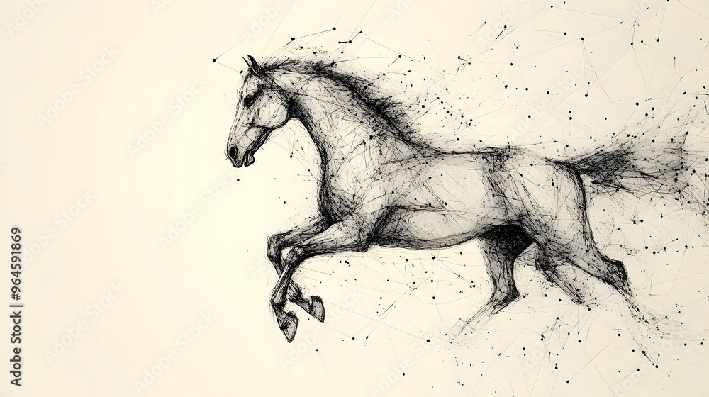 Fototapeta premium Running Horse from Lines: A dynamic image of a galloping horse, its powerful form outlined by flowing lines and clusters of dots representing its muscles. 