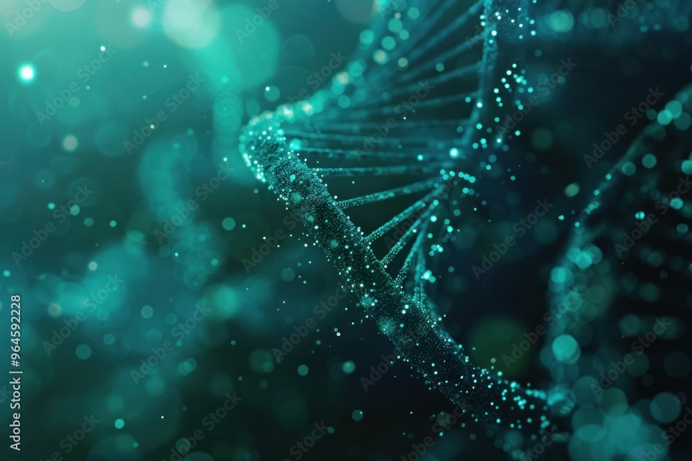 Abstract representation of DNA structure with glowing particles in a deep teal background Abstract representation of DNA structure with glowing particles in a deep teal background