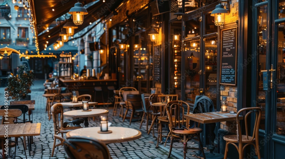 An enchanting evening at a luxurious outdoor café, where warm lights and cozy décor invite relaxation amidst urban charm. An enchanting evening at a luxurious outdoor café, where warm lights and cozy décor invite relaxation amidst urban charm.