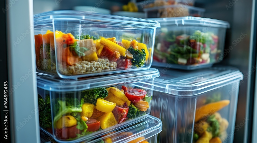 Close-up of meal prep containers being stacked in a refrigerator, vibrant healthy food inside, clean kitchen background, sharp detail. Close-up of meal prep containers being stacked in a refrigerator, vibrant healthy food inside, clean kitchen background, sharp detail.