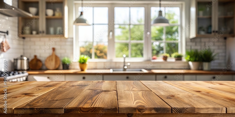 Wooden table top blending with blurred kitchen window background, creating a cozy and inviting atmosphere Wooden table top blending with blurred kitchen window background, creating a cozy and inviting atmosphere