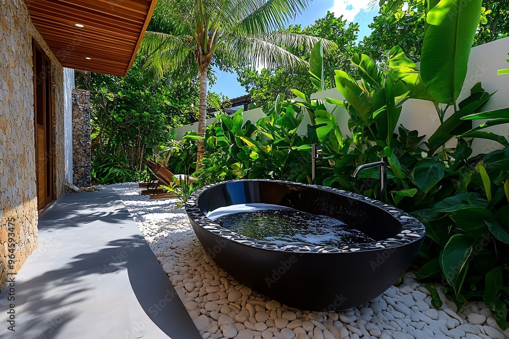 Outdoor bathtub, secluded courtyard, private indulgence creates a personal space for relaxation surrounded by walls of greenery or stone Outdoor bathtub, secluded courtyard, private indulgence creates a personal space for relaxation surrounded by walls of greenery or stone