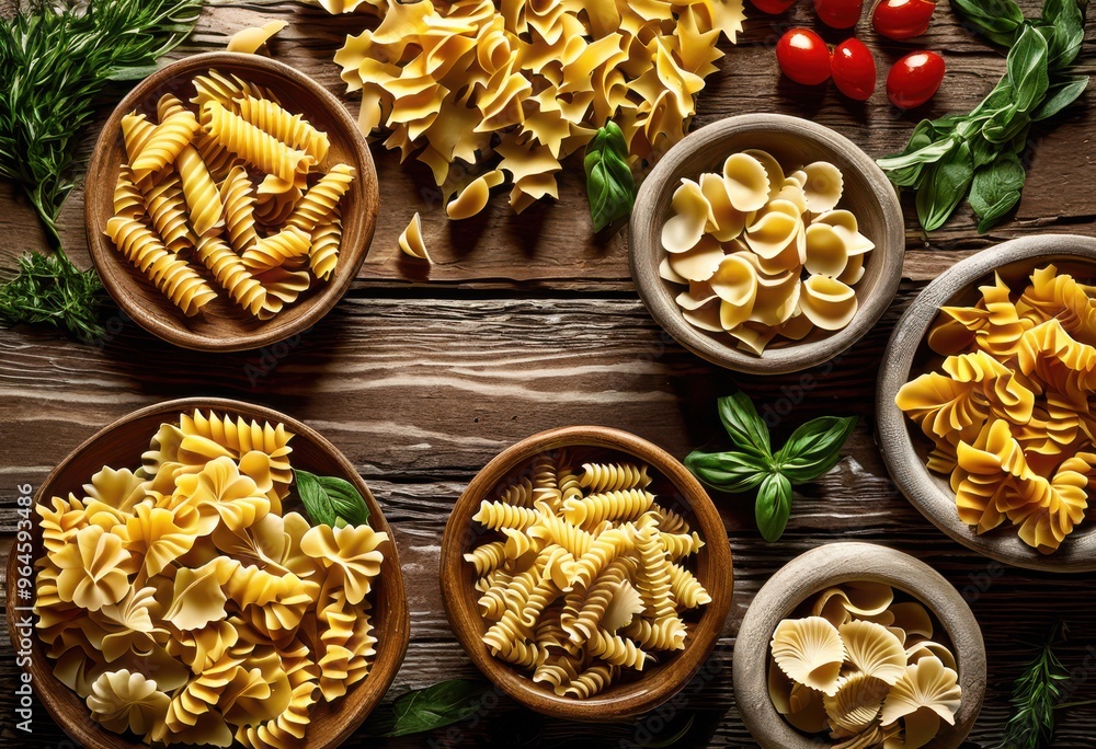 Fototapeta premium colorful pasta arranged beautifully rustic wood showcasing variety shapes sizes natural presentation, backdrop, vibrant, display, arrangement, italian