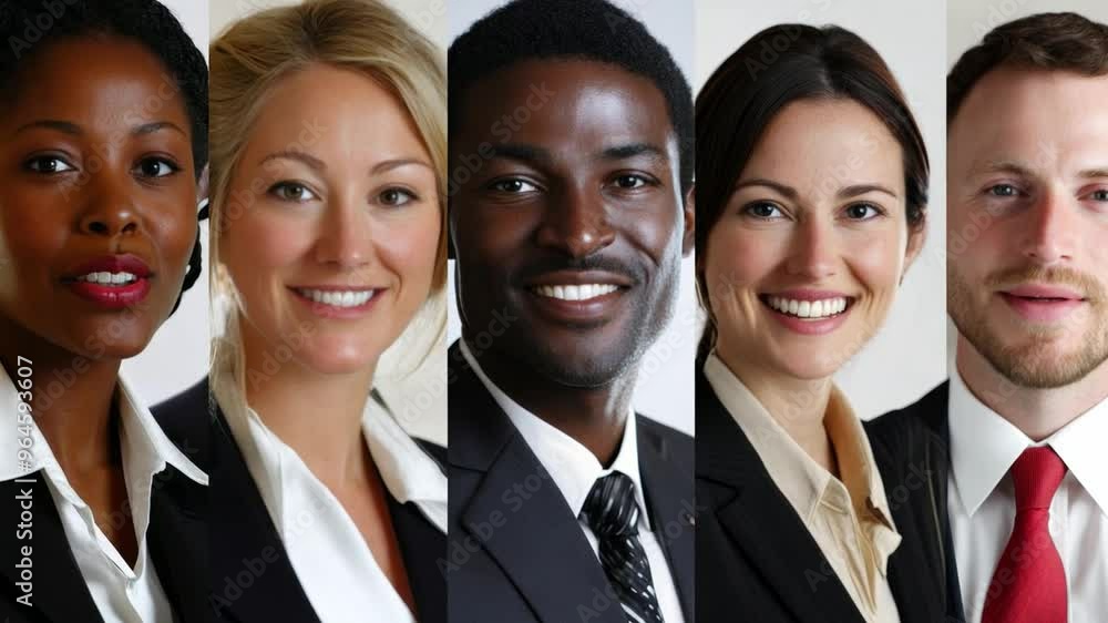 A diverse group of five smiling professionals dressed in formal business attire, each exuding confidence and positivity A diverse group of five smiling professionals dressed in formal business attire, each exuding confidence and positivity