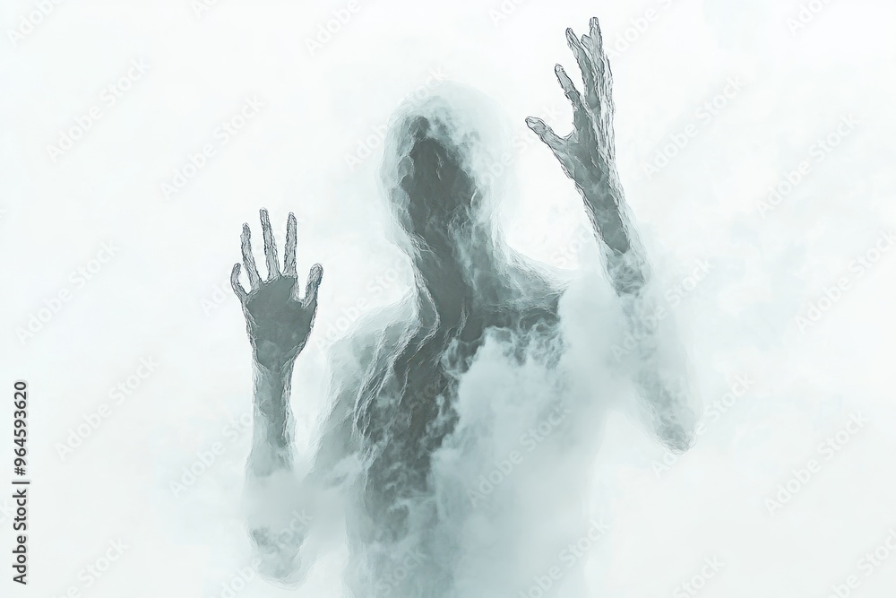 A ghostly figure with hands raised, standing behind white frosted glass, on a white background A ghostly figure with hands raised, standing behind white frosted glass, on a white background