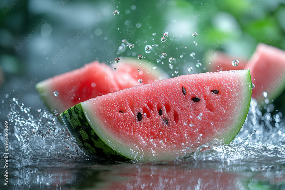 watermelon dropping, water splashing around, tropical background watermelon dropping, water splashing around, tropical background