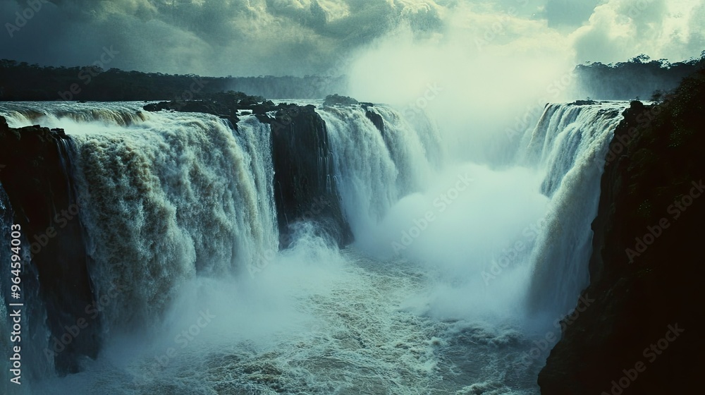 The Iguazu Falls as seen from the Devil Throat, with the powerful water crashing into the river below. The Iguazu Falls as seen from the Devil Throat, with the powerful water crashing into the river below.
