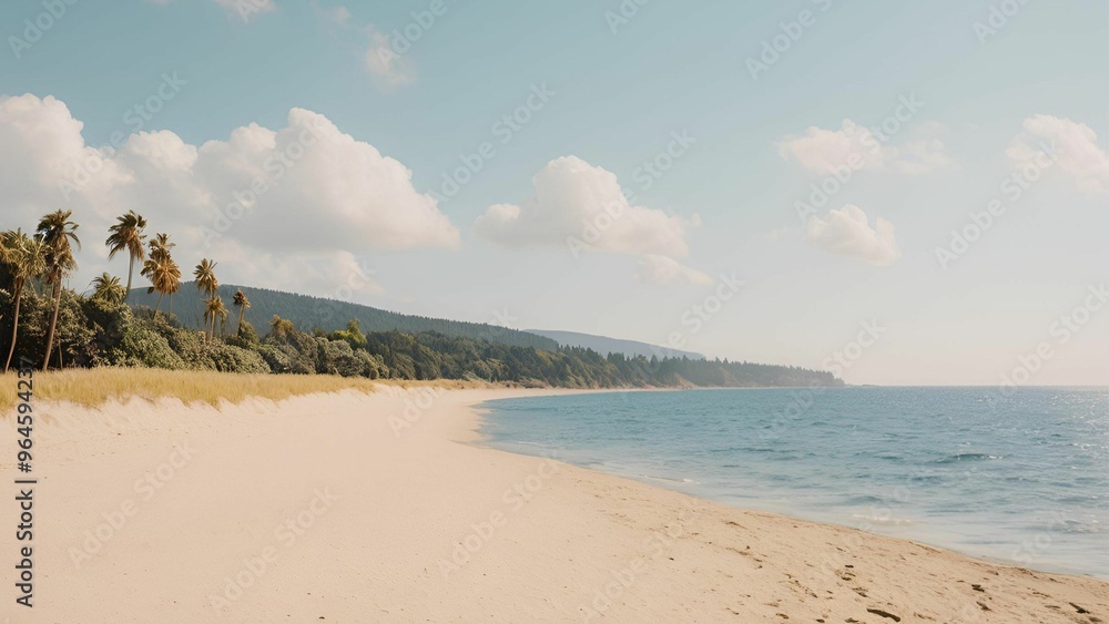 Obraz premium Secluded Paradise: A tranquil beach stretches out before you, its soft white sand kissed by the azure waters of the ocean. Palm trees sway gently in the warm breeze.