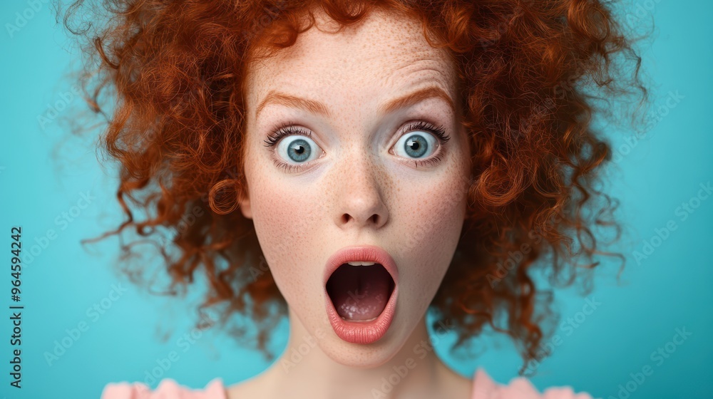 A red-haired curly-haired woman in a pink top with a surprised face on a blue background A red-haired curly-haired woman in a pink top with a surprised face on a blue background