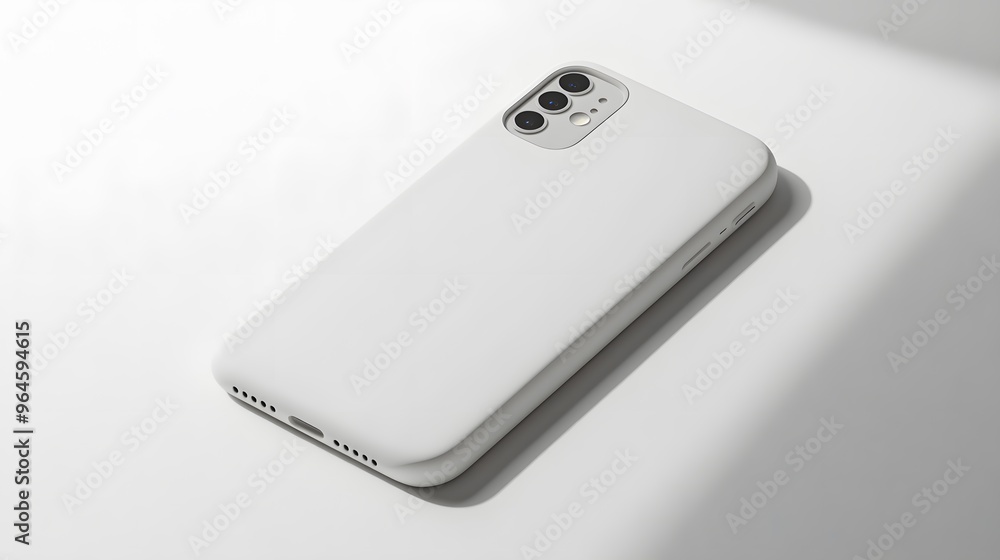 Fototapeta premium Simple Phone Case: A plain, white phone case with a minimalist design, lying flat on a white background, with crisp shadows for definition. 
