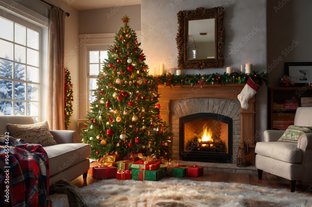 Cozy Christmas scene with a lit tree, gifts, fireplace, and snowy window for a festive holiday vibe. Cozy Christmas scene with a lit tree, gifts, fireplace, and snowy window for a festive holiday vibe.