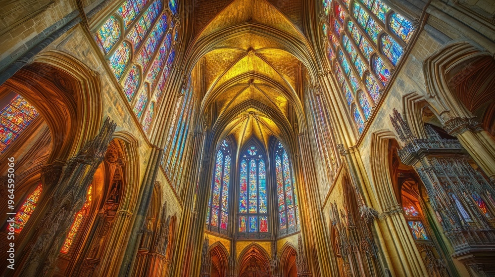 Obraz premium The interior of the St. Vitus Cathedral in Prague, showcasing its stunning Gothic architecture and stained glass windows.