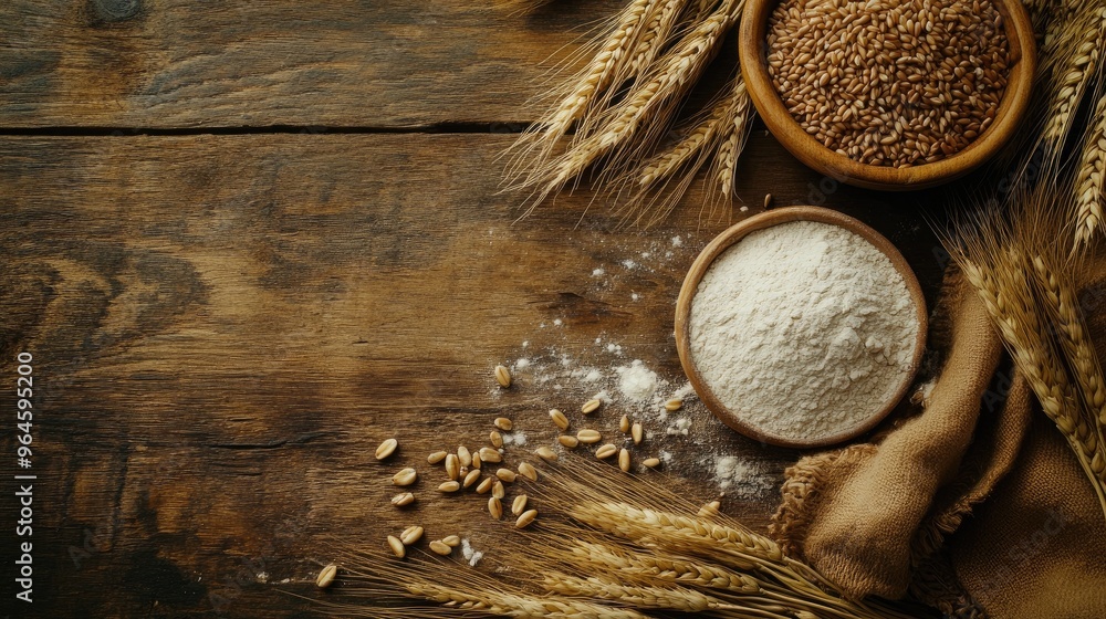 Wheat Flour, Grain, and Rustic Wooden Background for Baking Wheat Flour, Grain, and Rustic Wooden Background for Baking
