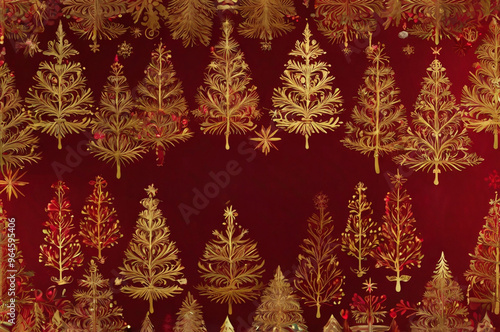 Seamless red Christmas trees pattern with golden text, snowflakes, and holly berries for a festive vibe.