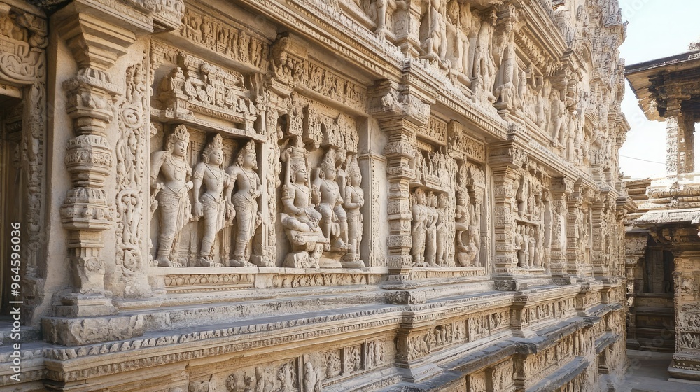 The intricate stone carvings on the walls of the Hazara Rama Temple, depicting scenes from the Ramayana. The intricate stone carvings on the walls of the Hazara Rama Temple, depicting scenes from the Ramayana.