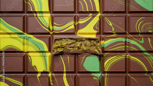 A piece of dark Dubai chocolate with a bite on a blurry background, the chocolate is filled with a thick layer of pistachio filling that seeps out the sides, with yellow and green spots on its surface