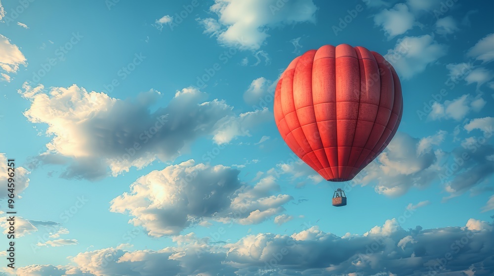 Fototapeta premium Red Hot Air Balloon Floating Amongst Fluffy Clouds in a Clear Blue Sky During a Sunny Day