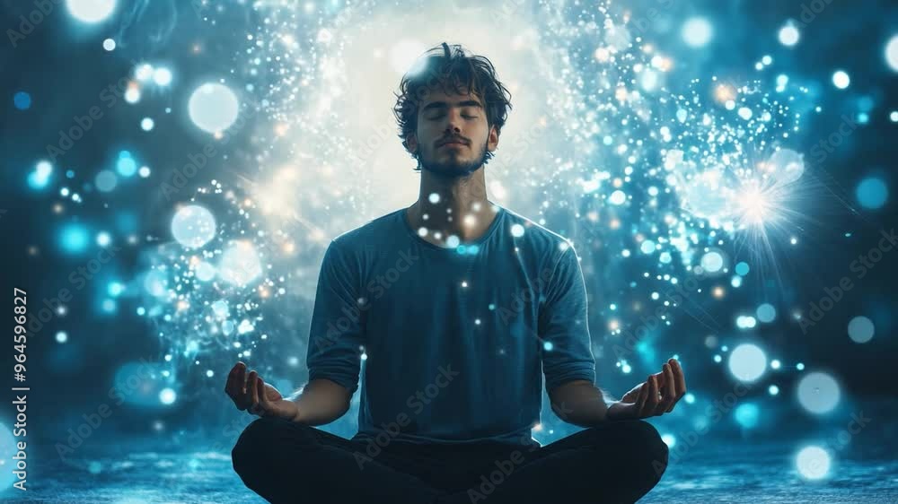 A young man sits cross-legged in lotus pose, meditating in a calming atmosphere with glowing orbs and soft blue light surrounding him A young man sits cross-legged in lotus pose, meditating in a calming atmosphere with glowing orbs and soft blue light surrounding him