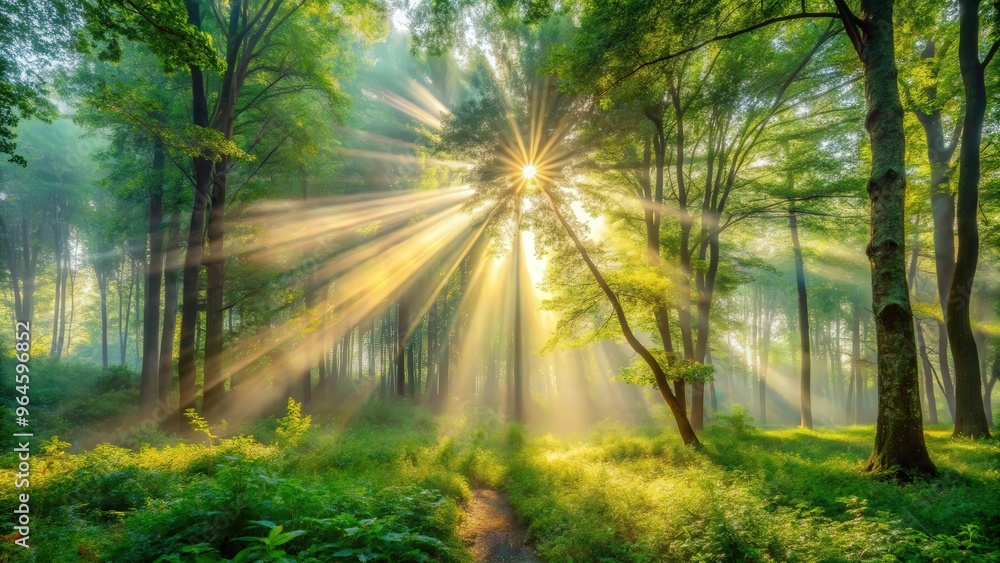 Luminous rays of sunlight shining through mist and green foliage in forest clearing, creating a magical panoramic landscape Luminous rays of sunlight shining through mist and green foliage in forest clearing, creating a magical panoramic landscape