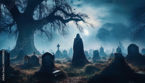 Creepy Graveyard at Dusk: A foggy, moonlit graveyard with old, crooked tombstones, overgrown weeds, and a large, gnarled tree in the background. halloween wallpaper, hallowend card. halloween design photo