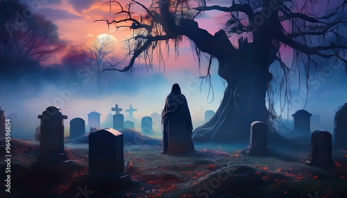 Creepy Graveyard at Dusk: A foggy, moonlit graveyard with old, crooked tombstones, overgrown weeds, and a large, gnarled tree in the background. halloween wallpaper, hallowend card. halloween design photo