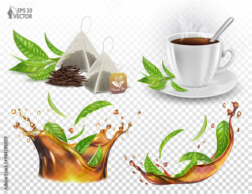 Natural organic tea set. Realistic transparent vector tea splash with green leaves and drops, crown shaped splash. 3D isolated food illustration for advertising packaging design
