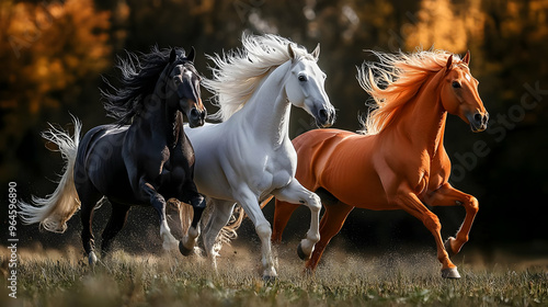 Three horses running in a field during autumn, showcasing their beauty and grace.