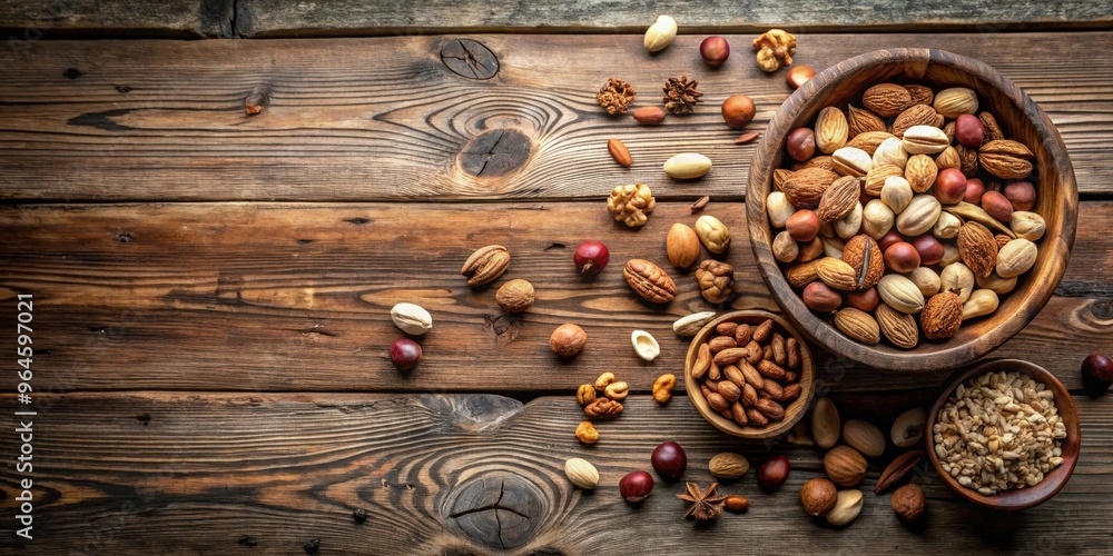 A rustic wooden table with a bowl of assorted nuts A rustic wooden table with a bowl of assorted nuts