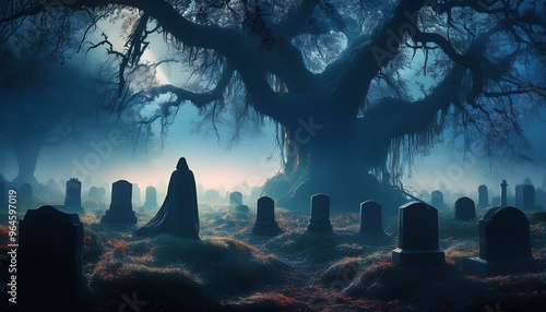 Creepy Graveyard at Dusk: A foggy, moonlit graveyard with old, crooked tombstones, overgrown weeds, and a large, gnarled tree in the background. halloween wallpaper, hallowend card. halloween design photo