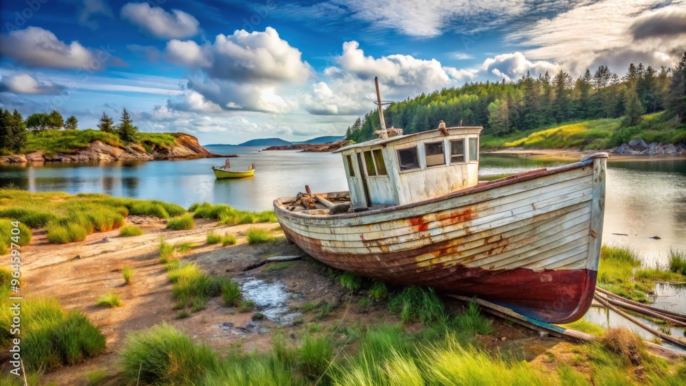 Fototapeta premium Beautiful landscape of an old wooden fishing boat resting on the ground in Nova Scotia, Canada
