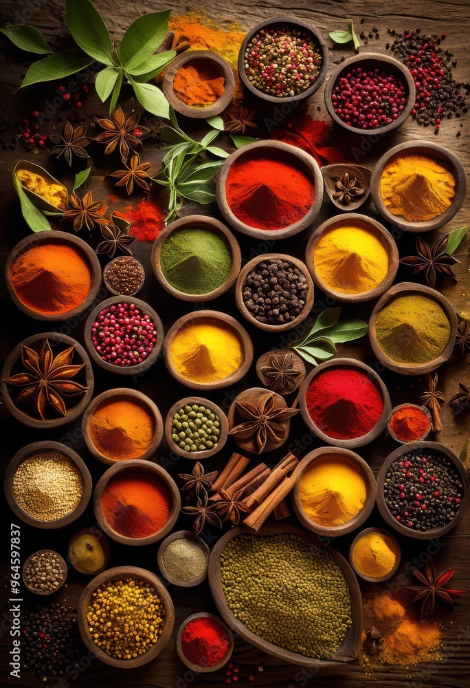 vibrant display colorful spices showcasing variety ingredients eye catching arrangement, yellow, green, paprika, turmeric, cumin, coriander, chili, saffron vibrant display colorful spices showcasing variety ingredients eye catching arrangement, yellow, green, paprika, turmeric, cumin, coriander, chili, saffron