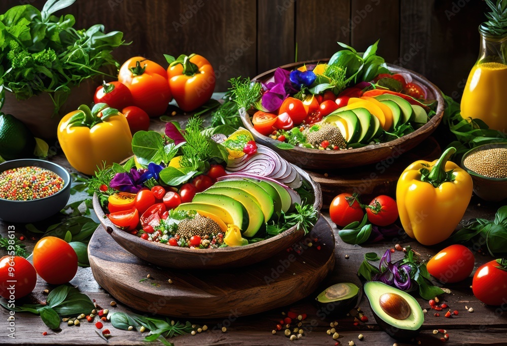 vibrant vegan meal displayed table colorful ingredients fresh garnishes wholesome dining experience, healthy, vegetables, fruits, grains, legumes, herbs vibrant vegan meal displayed table colorful ingredients fresh garnishes wholesome dining experience, healthy, vegetables, fruits, grains, legumes, herbs