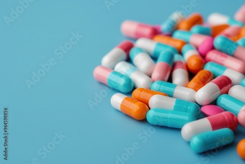 Medicine, various tablets, capsules and pills, blue capsules and red capsules, illness medication cure pharmaceutical close up