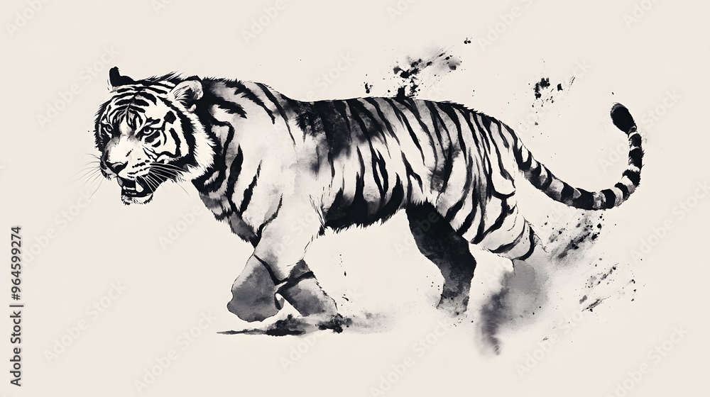 Naklejka premium Tiger Chinese Zodiac in Ink Wash Style: A tiger painted in the traditional Chinese ink wash style, with bold brush strokes and a minimalist background. 