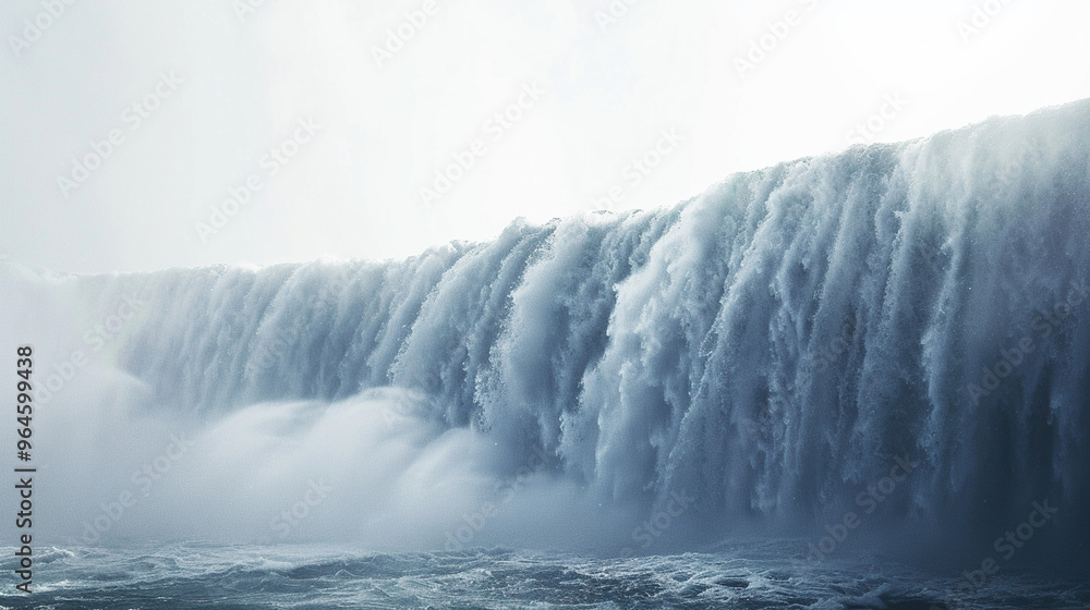 Medium close-up of a massive waterfall crashing down from a great height, with mist and water droplets catching the sunlight. Medium close-up of a massive waterfall crashing down from a great height, with mist and water droplets catching the sunlight.
