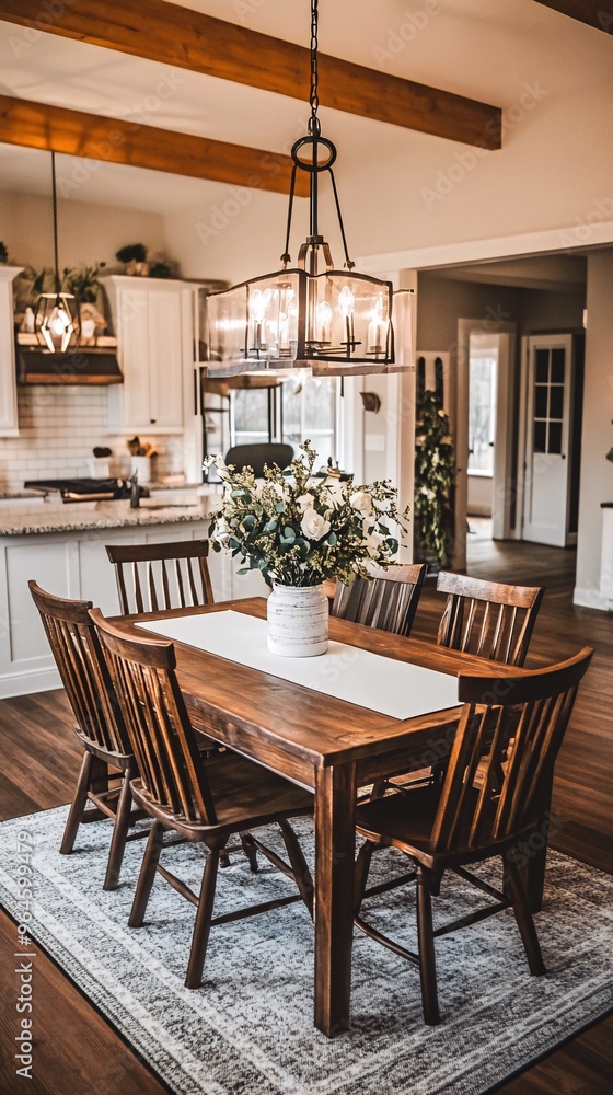 A rustic dining room with a wooden table, chairs, and a chandelier. A rustic dining room with a wooden table, chairs, and a chandelier.