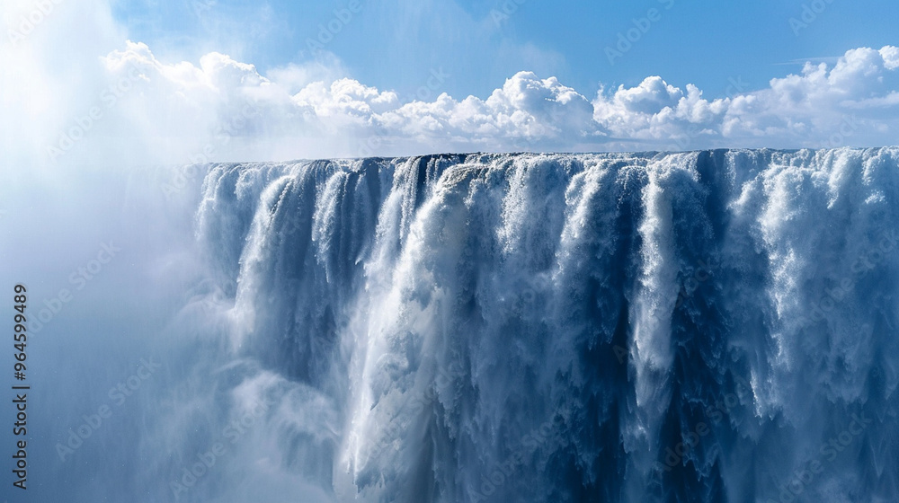Obraz premium Medium close-up of a massive waterfall crashing down from a great height, with mist and water droplets catching the sunlight.