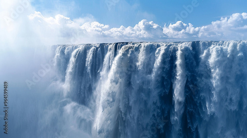 Medium close-up of a massive waterfall crashing down from a great height, with mist and water droplets catching the sunlight.