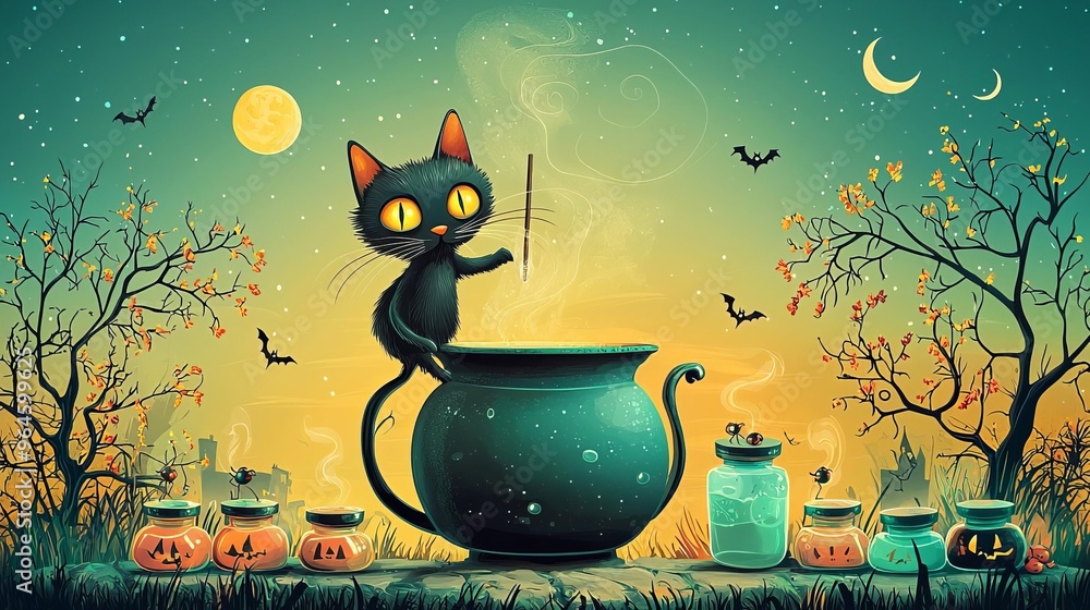 Naklejka premium Halloween Cats Witchy Black Black cat stirring a cauldron with potions, Halloween magic, flat design illustration