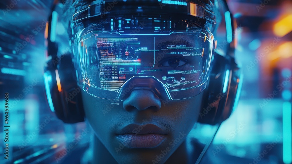 Digital Warrior - Cyber Gamer with High-Tech Headset and Holographic Game Stats Displayed in Futuristic Environment Digital Warrior - Cyber Gamer with High-Tech Headset and Holographic Game Stats Displayed in Futuristic Environment