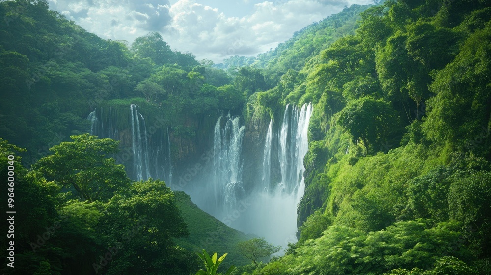 Fototapeta premium The lush greenery surrounding Victoria Falls, with the sound of the waterfalls in the background.