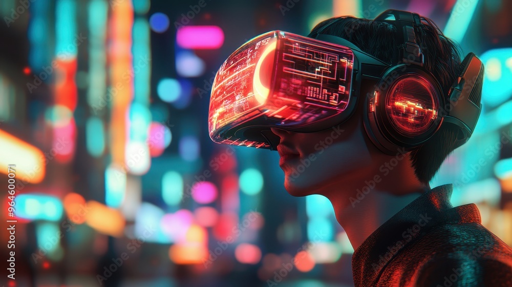 Future Cyber Gamer in Virtual Reality with Holograms and High-Tech Headset Future Cyber Gamer in Virtual Reality with Holograms and High-Tech Headset