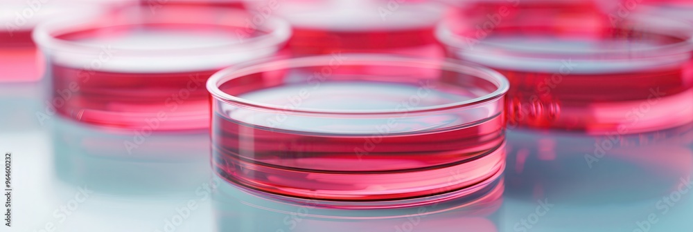 Close-up view of transparent laboratory vials filled with red liquid, arranged in a row, in a sterile laboratory environment. Close-up view of transparent laboratory vials filled with red liquid, arranged in a row, in a sterile laboratory environment.