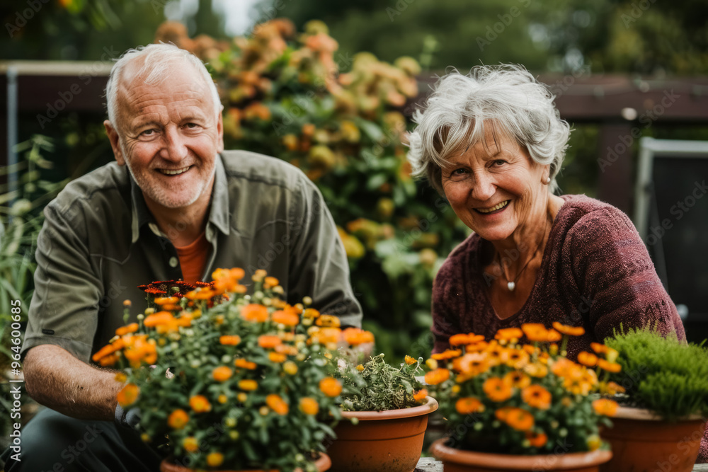 Caucasian married middle aged couple planting herbs at the backyard Caucasian married middle aged couple planting herbs at the backyard