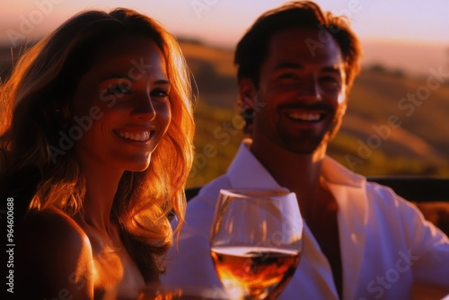 Romantic sunset dinner with smiling couple and wine glasses outdoors